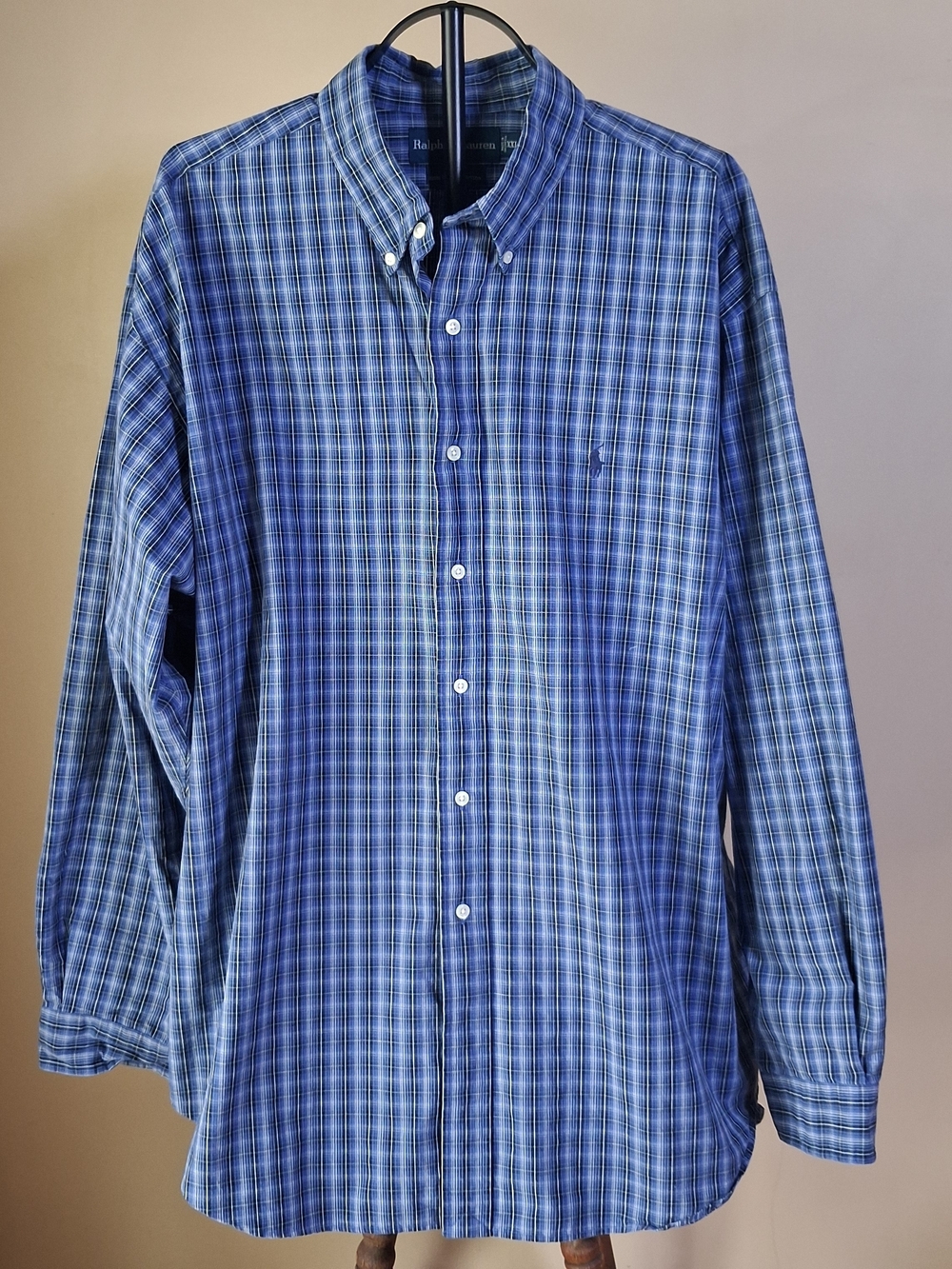 Ralph Lauren Men's Blake Fit Blue & White Plaid 100% Cotton Button-Up; Size XXL